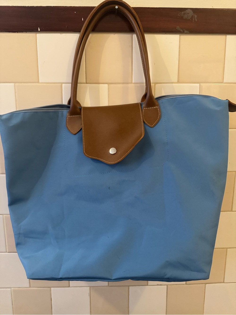 Light Blue Tote with Brown Trim - Classic Everyday Bag